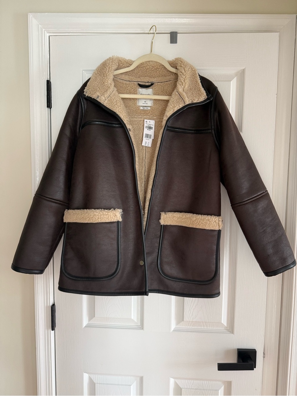 Abercrombie & Fitch Brown Faux Leather Jacket with Cream Shearling